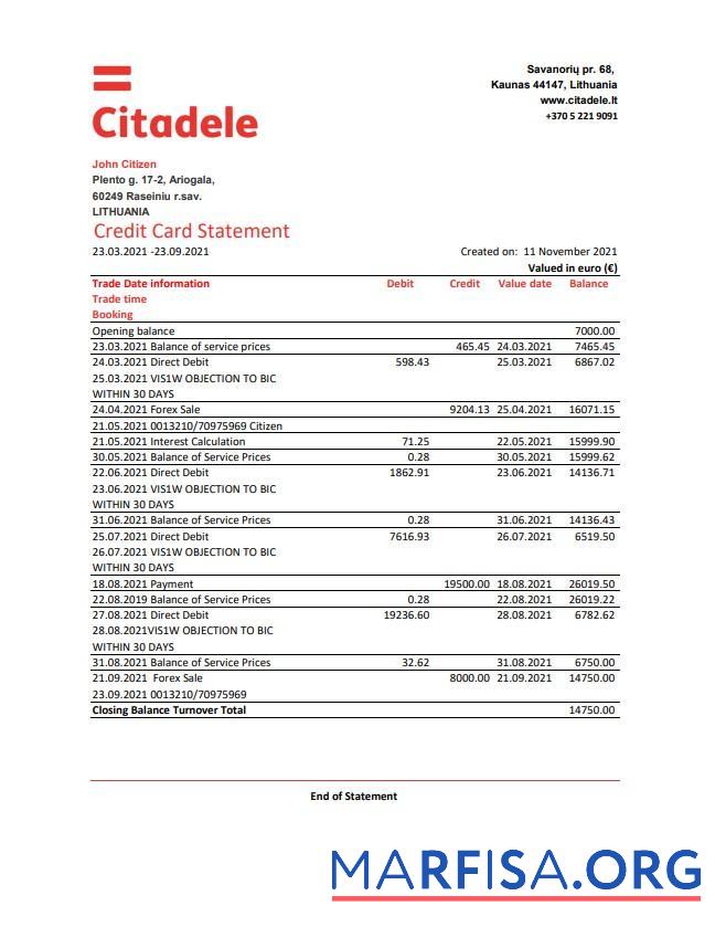 Realistic Lithuania (Litva) Citadele bank credit card statement excel real example